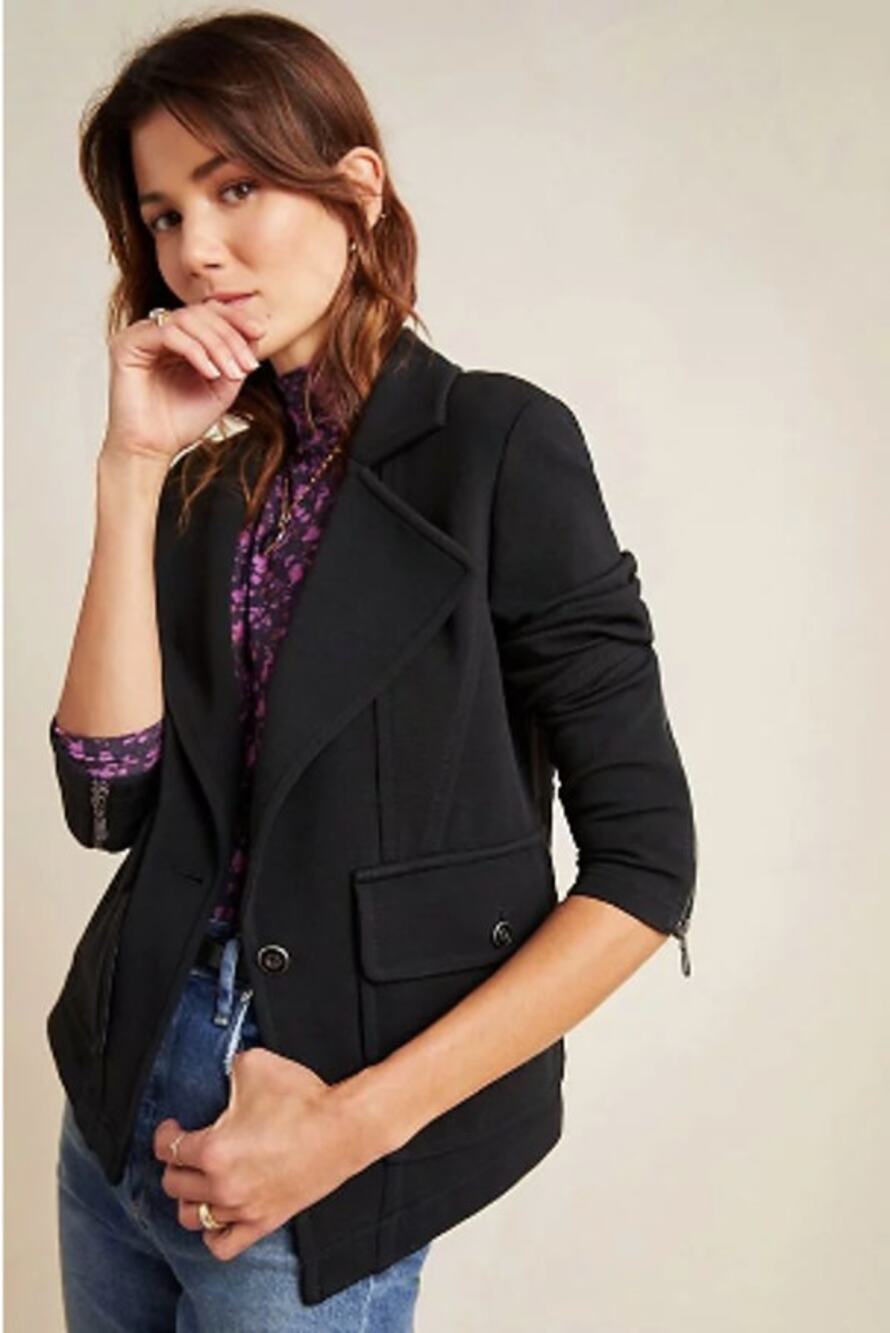 ANTHROPOLOGIE Sylvia Black Ponte Knit Zip Sleeve Moto Blazer Jacket // XS